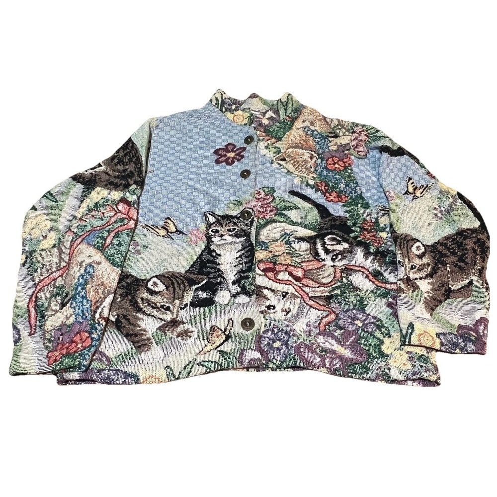 Rare Sugar Street Weavers Sweater Jacket Cat Feline Flower Butterfly AOP‎ Button